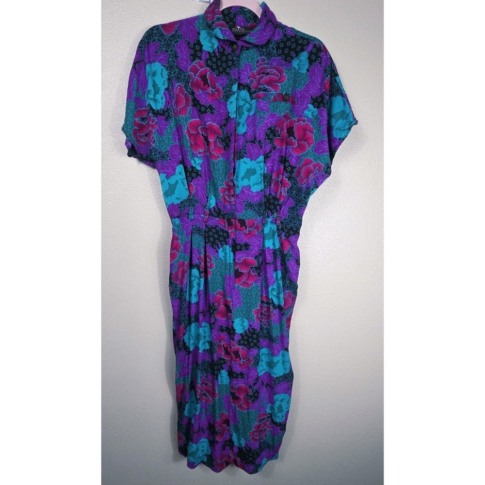 Vintage Ms Choice Tropical Floral Rayon Shirt Dress Teal Purple Pink VTG Size 12